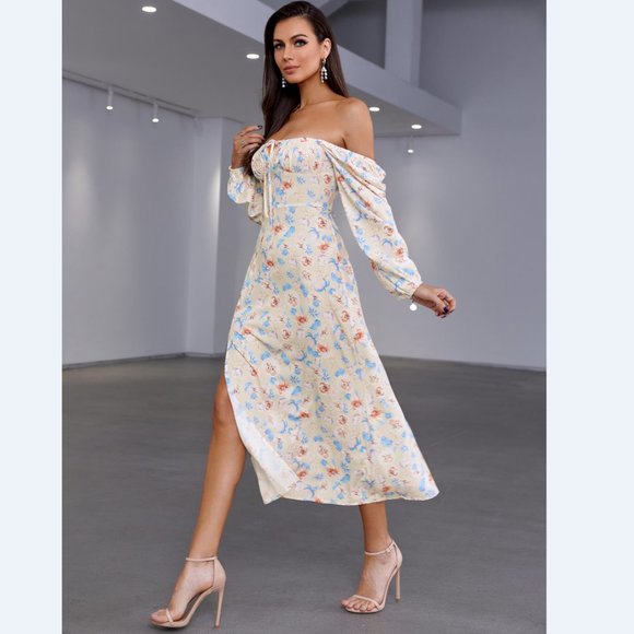 Floral Tie Front Square Neck Split Midi Dress - Picture 5 of 5